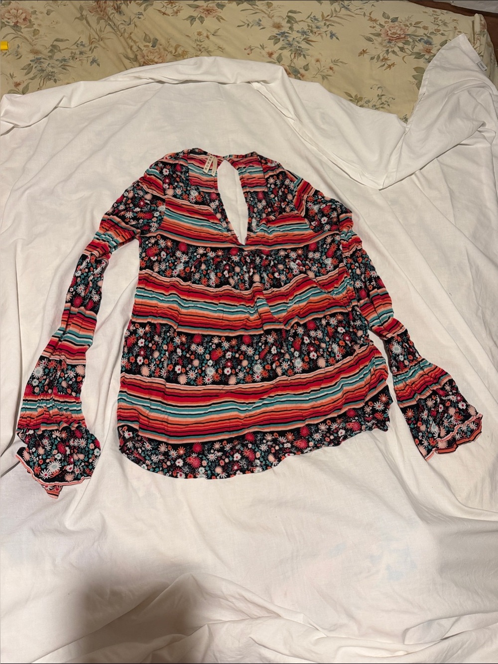 Roper Red and Teal Striped Floral Bell-Sleeve Blouse